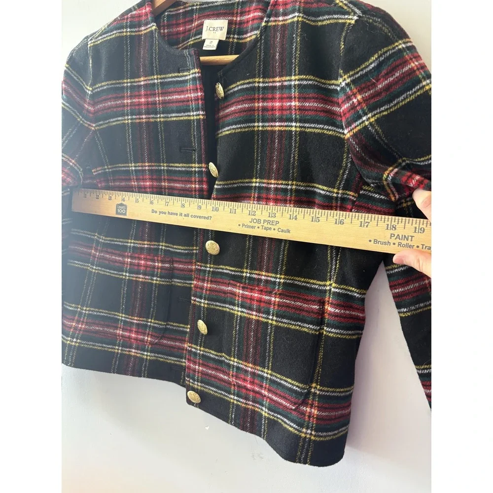 J.Crew Jacket Womens 2 Multicolor Plaid Wool Tweed Button Front Collarless Short